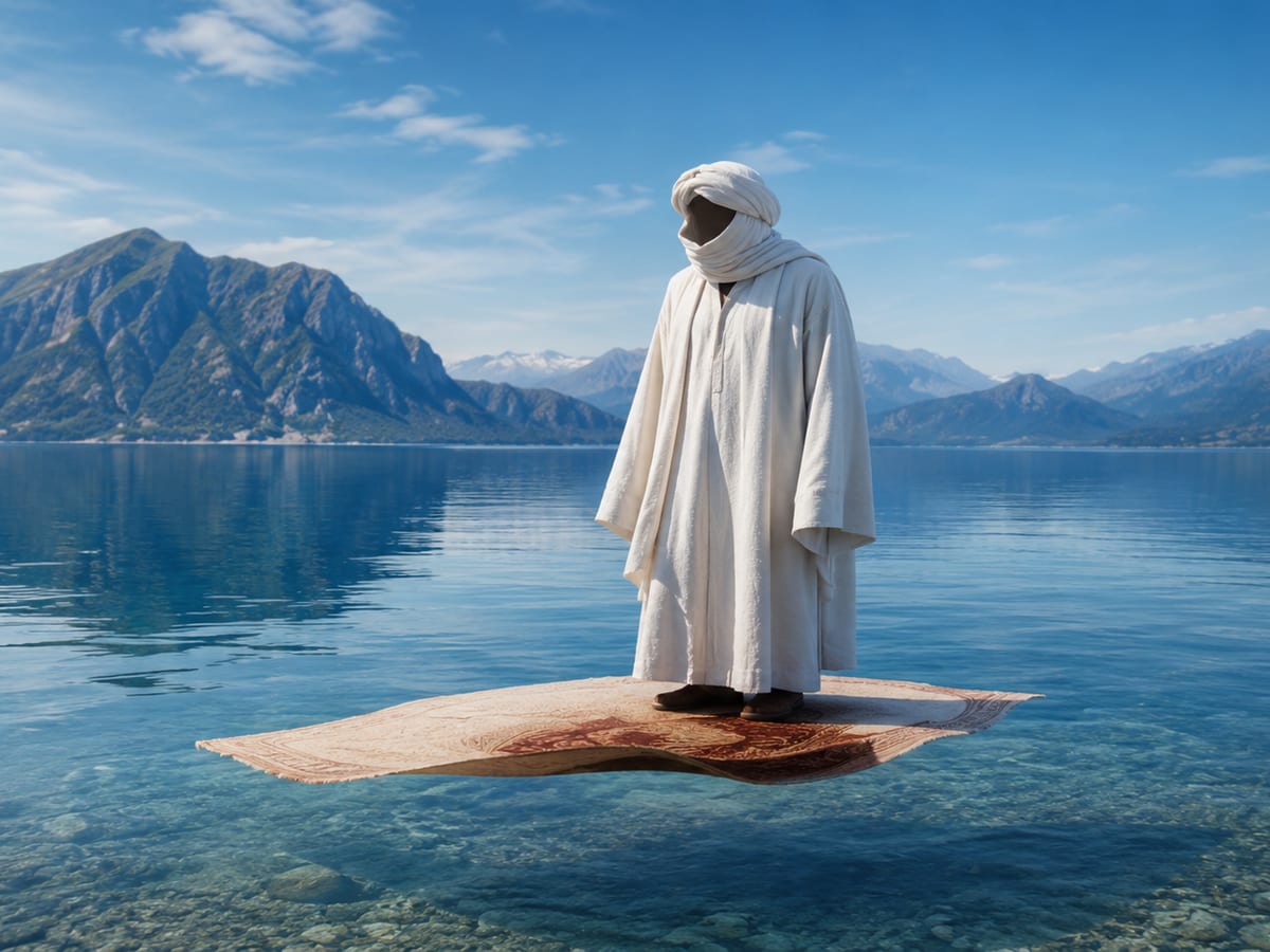 Marabout en boubou blanc et turban, debout sur un tapis au-dessus d'un lac de montagne
