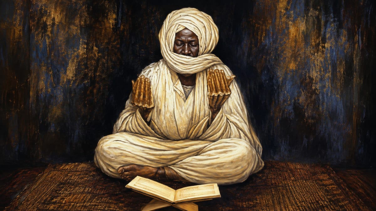 Marabout en prière, assis en tailleur, les mains ouvertes devant un livre ancien