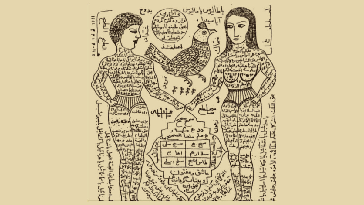 Talisman manuscrit ancien : un homme et une femme reliés par des invocations calligraphiées